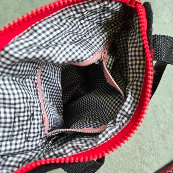 Handmade Buffalo Plaid Shoulder Bag Red Black Wool Feel Faux Leather Fall Winter - Picture 9 of 11